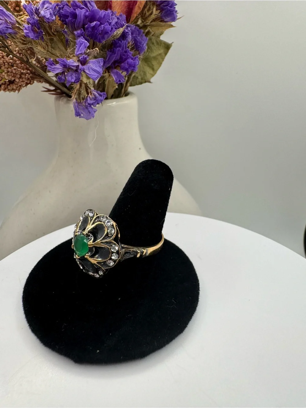 Vintage Floral Cocktail Ring with Green Cabochon & Crystal Accents (Size 8)